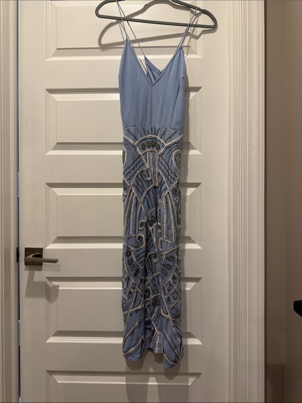 Light Blue Beaded Midi Dress with Spaghetti Straps